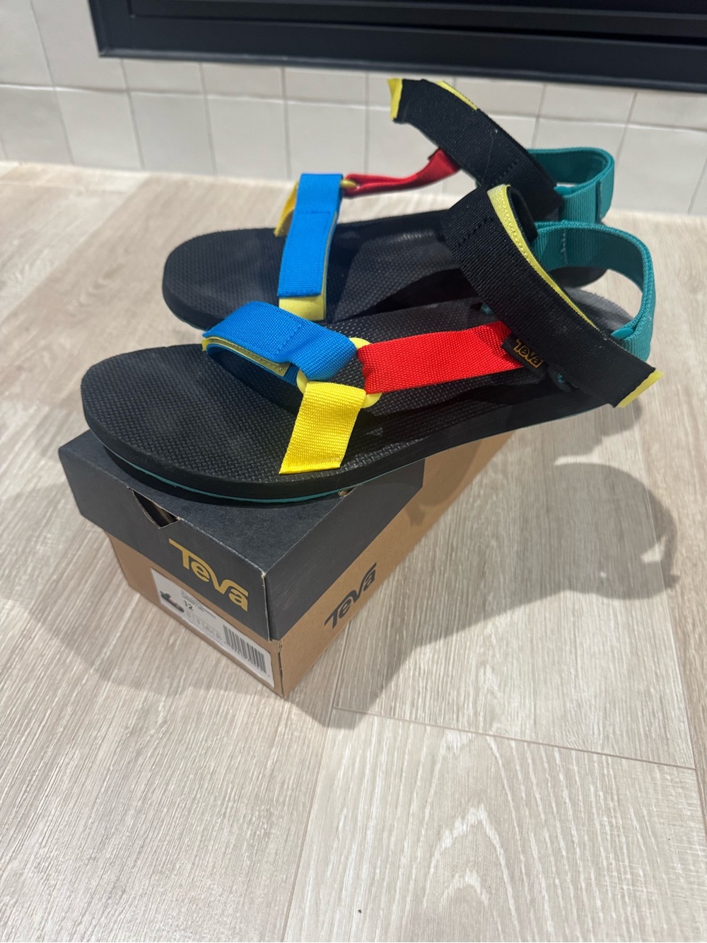 Teva Colorblock Strap Sandals men’s size 12. Blue, Red, Yellow & Black